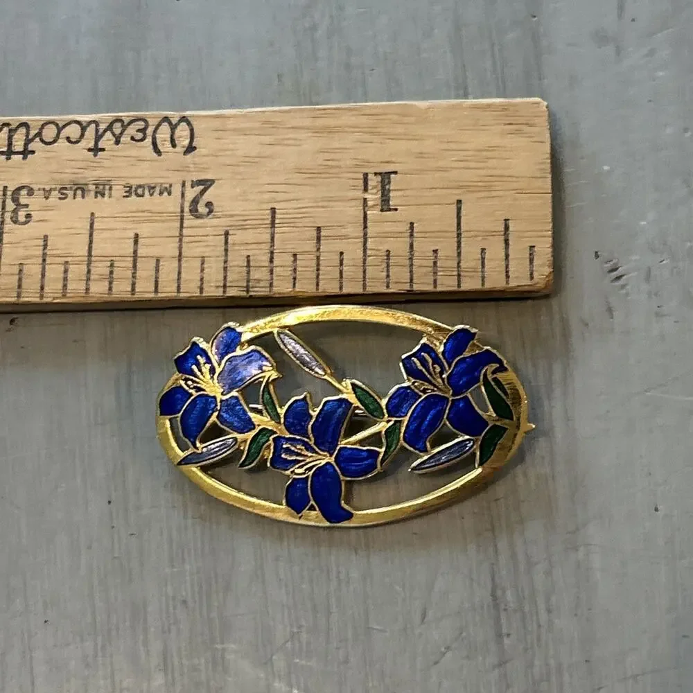 Vintage Blue Floral Blue Lily Enameled Floral Brooch by Fine Fish Enamels UK